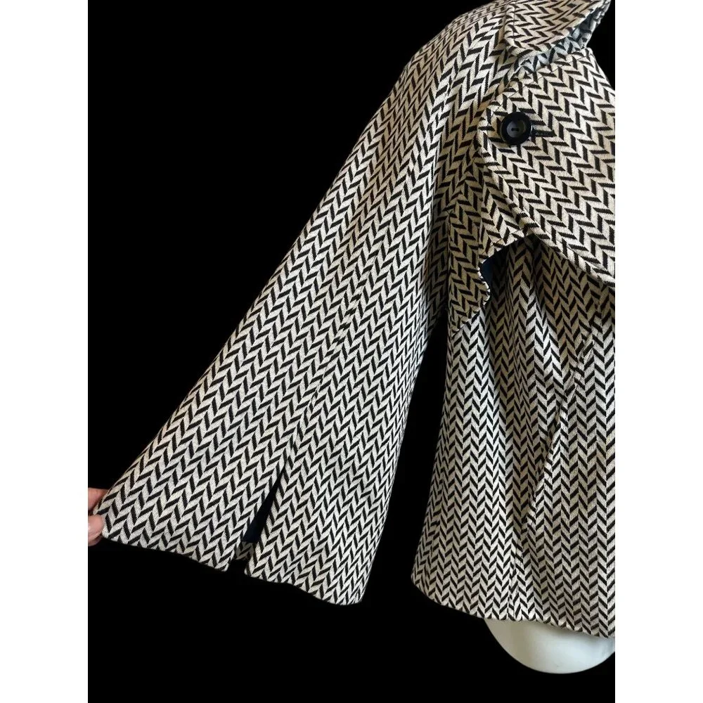 Kate Unger Button Collar Retro Cape Jacket Herringbone Black White Size 10 - Picture 2 of 7